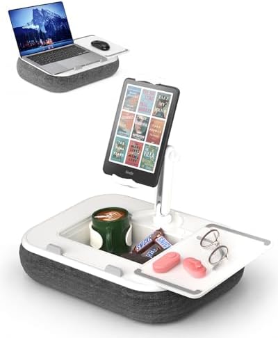 Viozon Kindle Pillow Stand Holder, Phone Holder for Bed, Laptop Lap Desk with Mouse Pad,Compatible with 4.7-13" Kindle/Tablet/Phone,10-15" Laptop, Snack Bowl&Cup Attachment&Detachable 360°Stand Arm