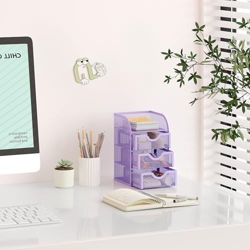 EasyPAG Mesh Desk Organizer with 3 Drawer Office Desktop Organizers and Accessories Stationery Caddy for Office, Home, Students, Purple