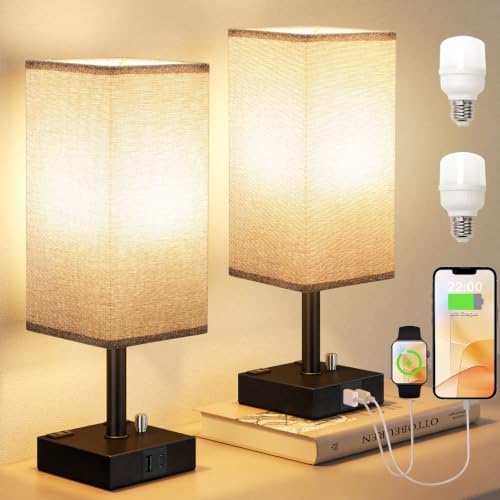 Grey Bedside Table Lamps Set of 2 - Dimmable, USB C+A, 2 AC Outlets