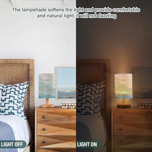 Bedside Lamp Bohemian Beach Table Lamp for Bedroom LED Nightstand Lamp Shade USB Ports Wood Base for Living Room Dorm Office