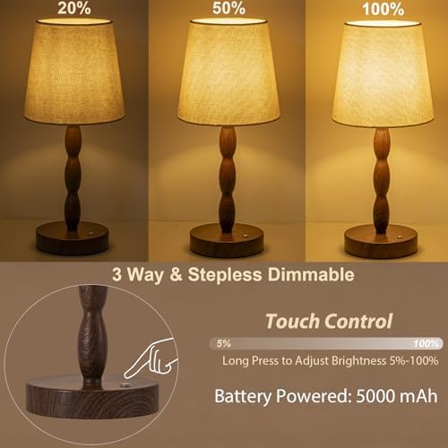 CASTLELIFE Rechargeable Cordless Table Lamp, 5000mAh Battery Powered Touch Desk Lamp, 3-Level & Stepless Dimmable Night Light, Portable Bedside Lamp for Bedroom, Outdoor, Bulb Included, Walnut Grain