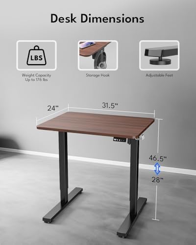 Small Electric Standing Desk, Gaming Desk, 31.5x24 Inch, Walnut