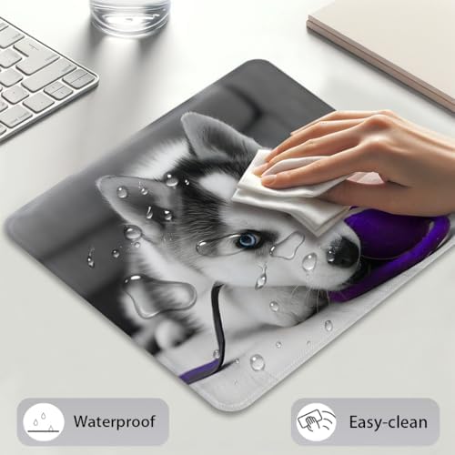 Siberian Husky Puppy Mouse Pad, Cute Pup Playing Purple Blue Ball Desk Mat