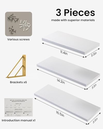 BAYKA Wall Shelves for Bedroom Decor, Floating Wall Shelves for Living Room Kitchen Storage, Wall Mounted Rustic Wood Shelves for Kids Books,Corner Shelves for Bathroom(White and Gold，Set of 3)