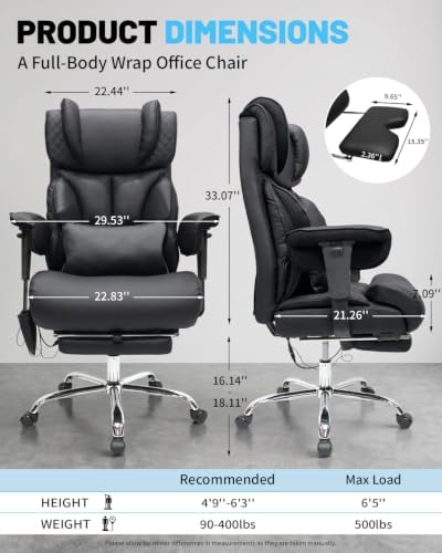 Massage Office Chair with 6 Point Vibration, Foot Rest and Adjustable Armrests – 500lbs Ergonomic Executive Home Office Desk Chairs for Big and Tall Heavy Duty People