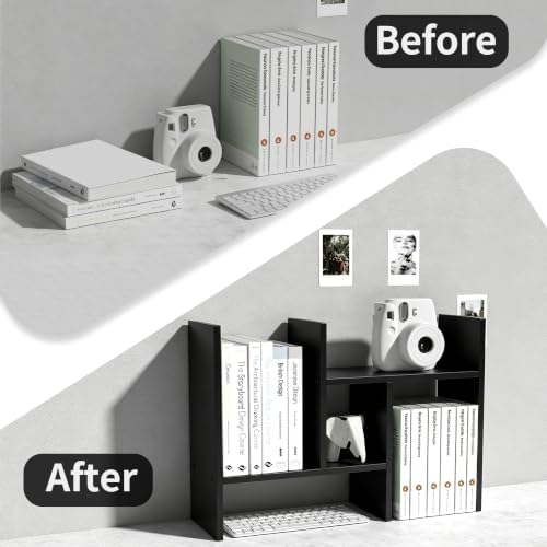 MASAKA B&W - Desk Organizer Aesthetic Shelf, Desktop Bookshelf, Double H Plants Display Shelf, Storage Rack Adjustable Stackable for Office Home Dorm - Perfect for Books, Plants & Decor (Black)