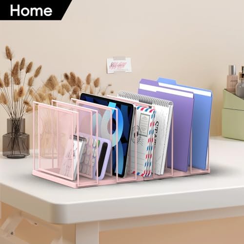 File Organizer for Desk, 7-Section Vertical File Sorter, Paper Holder Organizer Standing Metal File Folder for Office Home Classroom, Pink