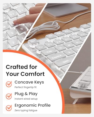 SEUNKWANG Wired Backlit Keyboard with Pudding Keycaps, Quiet Full Size Computer Keyboard White Backlight Easy-to-Read, Never Fade, Metal Panel, USB Cute Desk Setup for Windows PC Desktop, White
