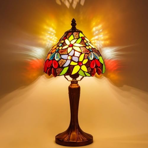 Stained Glass Bedside Small Table Lamp, Adjustable 3 Color Temperature, Floral Flower Style Lampshade & Antique Leaf-Patterned Relief Base Desk Nightstand Light Decor for Bedroom Bookcase