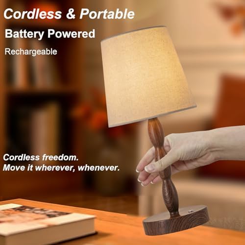 CASTLELIFE Rechargeable Cordless Table Lamp, 5000mAh Battery Powered Touch Desk Lamp, 3-Level & Stepless Dimmable Night Light, Portable Bedside Lamp for Bedroom, Outdoor, Bulb Included, Walnut Grain