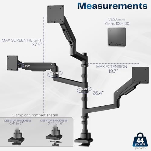 VIVO Pneumatic Arm Triple Ultrawide Monitor Extra Tall Desk Mount for Up to 49 inch Screens, Heavy Duty Clamp, Holds 3 Ultra Wides Up to 44 lbs, Black, STAND-V300D