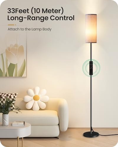 Dimmable Gray Floor Lamp for Living Room with Remote and Foot Switch, Corner Floor Lamp for Bedroom, Modern Standing Tall Lamp, 10W 900LM Bulb Included, 3000K-6500K, Linen Shade, FCC Listed H06LD05W1