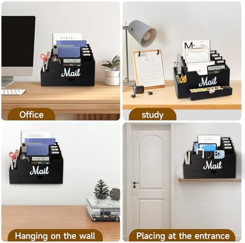 Wood Mail Organizer Countertop, with 6 Compartments and Drawer