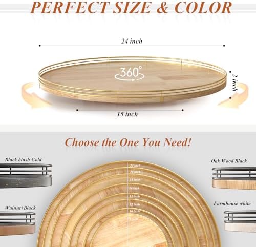 AMH 24-Inch Extra Large Lazy Susan with Solid Oak Base and Gold Iron Rail