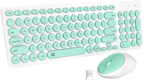 FD Wireless Keyboard and Mouse Combo - 2.4GHz USB Cordless, Cute Round Keys, Quiet and Slim Set for Laptop, Computer, TV, and Mac - Mint Green & White