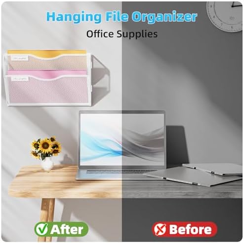 Marbrasse Wall File Holder 2-Tier Hanging Wall File Organizer, Mesh Mail Holder for Papers, Wall Mount File Clipboard & Magazine Organizer Great for Office Home (White)