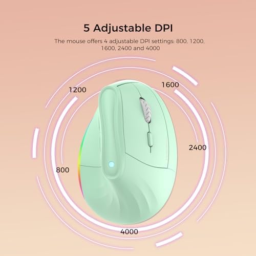KYSONA 57° Wireless Ergonomic Mouse, Vertical Mouse, Carpal Tunnel Mouse, RGB Light, Rechargeable, Bluetooth & 2.4G, 5-Level DPI Adjustment, Quiet Click Ergo Mice Compatible with PC/Laptop/Mac, Green