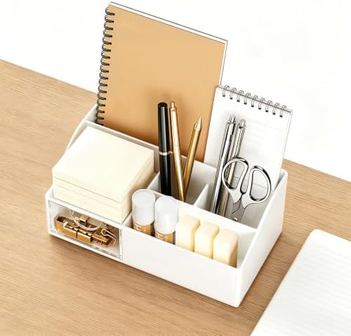 HBlife Acrylic Desk Organizer with Drawer, Pen & Pencil Holder, Multifunctional Desktop Caddy for Office Supply and Organization (White, 2 Pack)