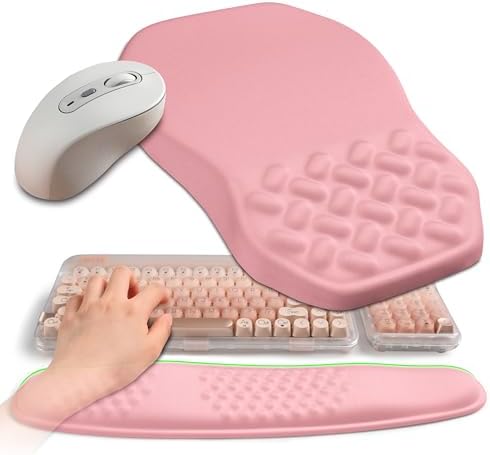 2-in-1 Ergonomic Set, Wave Keyboard Wrist Rest and Massage Slope Mouse Pad Wrist Support, Rebound Memory Foam for Relieve Carpal Tunnel Syndrome and Wrist Pain (Pink)