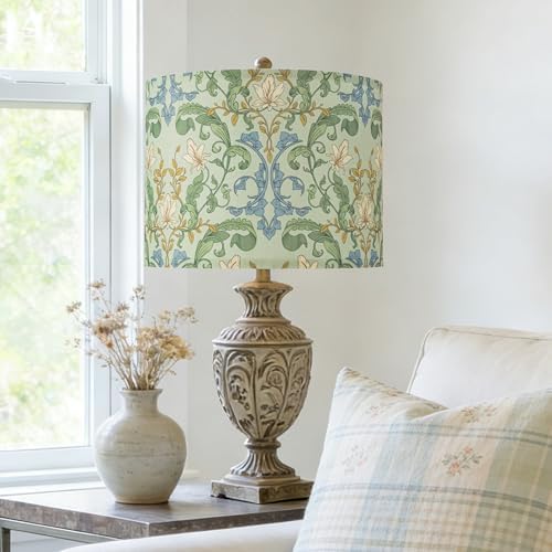 AELS Vintage Lamp Shades Set of 2, Green Botanical Fabric Drum Lampshades for Table or Floor Lamps, 13x13x10 Medium Size (Spider Fitter), Easy Assembly Required