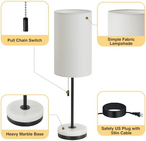 Luvkczc 18" Minimalist Table Lamp Set of 2, Nightstand Lamp for Bedroom Living Room, Modern Pull Chain Bedside Lamp with Marble Base, Fabric Shade, Small Desk Lamp for Home, Office, Reading
