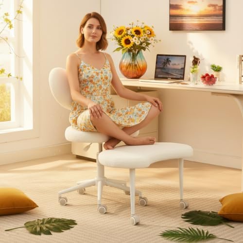 Ergonomic ADHD Criss Cross Legged Office Desk Chair - Meditation Kneeling Yoga Chair Adjustable Height with Wheels Lumbar Support, 360° Swivel Wider Footrest for Home Work, White