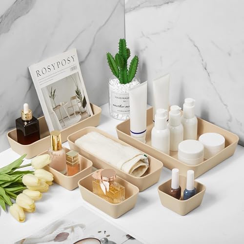 ISSEVE 8Pcs Silicone Bathroom Drawer Organizer Trays Set, 4 Sizes, Beige