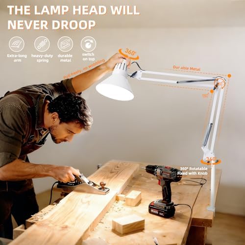 White Desk Lamp with Clamp, Extra-Tall Adjustable Metal Swing Arm, 3000K