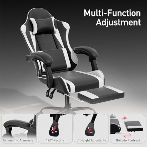 MoNiBloom Gaming Chair, Footrest & Lumbar Support, Height Adjust, White