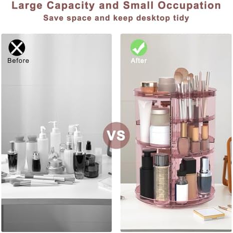 Rotating Makeup Organizer, DIY 8 Adjustable Layers Spinning Skincare Storage, Cosmetic Display Case with Brush Holder and Perfume Tray, Multi-Function Vanity Bathroom Countertop Organizer Clear Pink