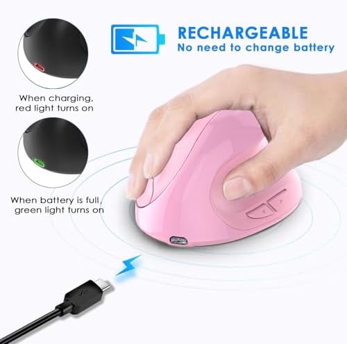 Ergonomic Mouse,Rechargeable Small Vertical Mouse with 6 Buttons Adjustable 800/1200/1600 DPI Pink Wireless Mouse for Laptop Desktop PC Mac