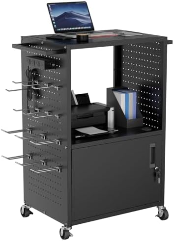 Mobile AV Cart, Heavy Duty Rolling Computer Cart with Push Handle & Hooks – Locking Cabinet, Pegboard, 4 Outlets, Lock Brake Casters – Media Utility Cart on Wheels for Office/Classroom