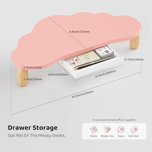 AFOOYO Monitor Stand Riser,Cloud-Shaped Sturdy Wood 16.5In Computer Monitor Riser Wirh Drawer, Multi-Purpose Desktop Organizer Riser for Computer,Laptop,Printer,TV,Pink