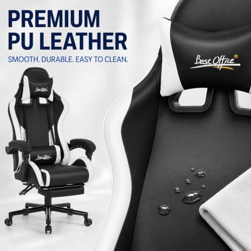 Gaming Chair Office Chair Desk Chair with Footrest Lumbar Support Headrest Armrest Task Rolling Swivel Ergonomic E-Sports Adjustable PC Gamer Chair (White)