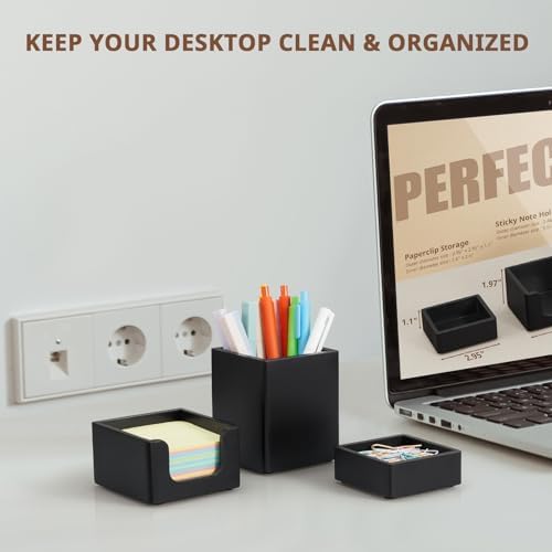 Black Desk Organizer Set of 3 - Wood Office Desk Accessories - Desk Organizers and Accessories for Women Men - Set incl. Pencil Pen Holder, Paperclip Storage and Sticky Note Holder