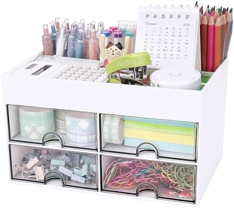 Meiikun Desk Organizer, Office Organizer with Drawer, Desk Accessories & Workspace Organizers, Pen Holder Office Supplies for Desk (4 Drawers+4 Compartments, White)