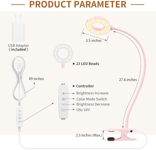 iZELL LED Desk Lamp with Clamp, Reading Light with 3 Color Modes & 10 Brightness Levels, Flexible Arm Book Light for Kids Reading in Bed at Night, Clip on Table, Computer, Zoom Meetings - 27.6'' Pink