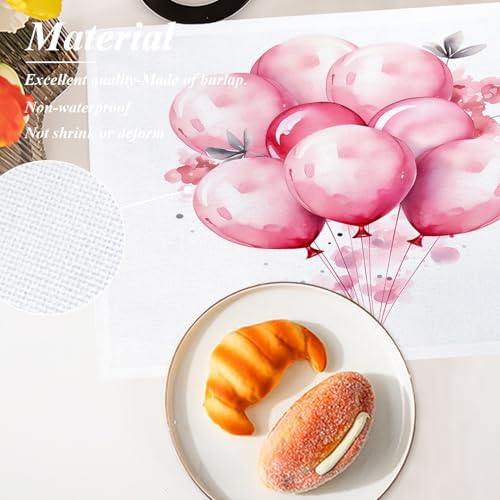 Shrahala Balloons Flowers Set of 4 12 X 18 Inch Linen Placemats, A Bunch of Pink Balloons Burlap Table Mat Washable Double Layered Heat Insulation for Indoor/Outdoor