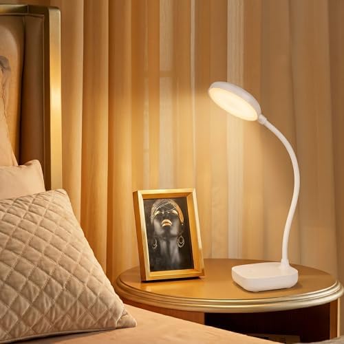 White Small Battery Powered Desk Lamp,Battery operated lamp,5W Rechargeable desk light,3 Colors,Adjustable brightness,360°Gooseneck Hose,Cordless lamps for small spaces,Eye-friendly and Energy Saving