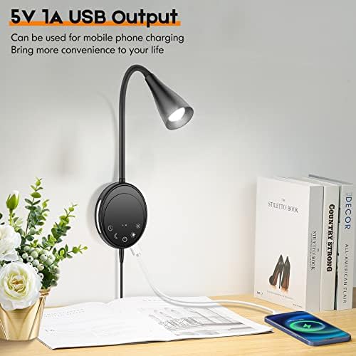 SANKEDOU Wall Mounted Reading Light, Bedside Headboard Lights with 5 Dimming & Color Temperature, USB Output, Night Light & Timers Function, Flexible Gooseneck 3000K-6000K Upgrade Bed Lamp (Black)