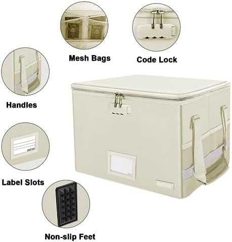 ENGPOW File Box with Lock, Fireproof Document Box with Zipper Lid, Collapsible File Storage Organizer Filing Cabinet with Handles, Portable Home Office Safe for Hanging Letter/Legal Folders, Beige