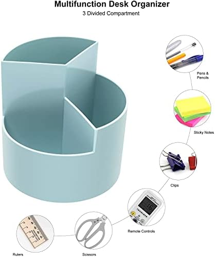 Siveit Desk Pencil Pen Holder, Desk Organizers 3 Slots 360-Degree Rotating Pen Holder for Desktop Storage Stationery Supplies Organizer, Home, Office, School, Kids, Blue