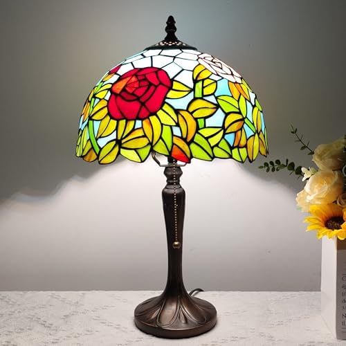 Tiffany Lamp Stained Glass Table Lamp 12X12X18 Inch Rose and Leaf Tiffany Style Desk Lamp for Living Room Bedroom Study Home Office,Include LED Bulb