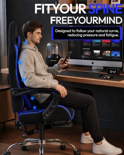 Dowinx Ergonomic Gaming Chair with Footrest & Massage Lumbar, 2D-Linkage Armrests for Computer Chair 330lbs with Headrest Pillow for Office, Home, Streaming and Long Gaming Sessions, Fabric Dark Blue