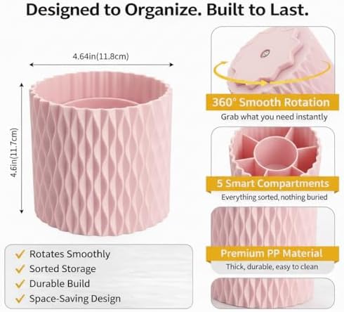 Pink Pen Holder for Desk, 360° Rotating Pencil Organizer, 5 Slots