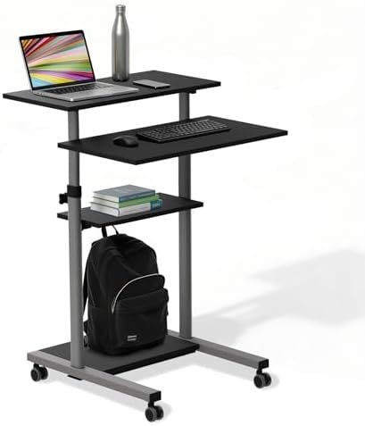 Mount-It! Rolling Desk Adjustable Height up to 54.7", Portable Standing Desk for Laptop or Podium Stand with Wheels, Mobile Roller Presentation Cart, Computer Work Station 27.5" Wide, Locking Wheels