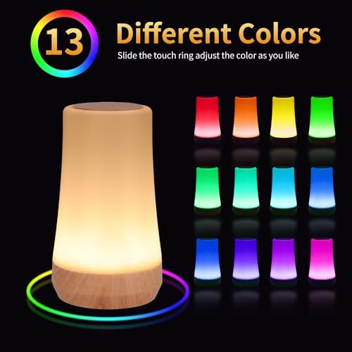 OORUN Touch Bedside Table Lamp,13 RGB Colors & 5 Brightness, USB Rechargeable Desk Lamp, Remote Control Dimmable Light with RGB Color Changing,Portable Lamp for Baby (F9)