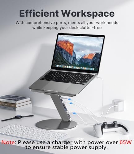 KU XIU Adjustable Laptop Stand with 8 in 1 USB C Hub, Foldable Portable Computer Notebook Stand with 360° Rotating Base, Riser Holder Mount for All 10-17" Laptops (Gray)