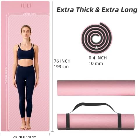 ILILI 10mm Extra Thick, TPE Yoga Mat, 76×28 Inch Extra Long, Carrying Strap