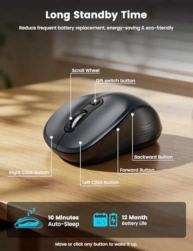 WisFox 2.4G Wireless Mouse for Laptop, Ergonomic Computer Mouse with USB Receiver and Type-C Adapter, 3 Adjustable Levels, 6 Button Cordless Mice for Windows Mac PC Notebook (Grey and Black)